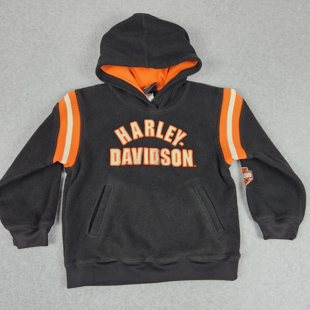 Harley Davidson‎ Hoodie Kids 7 Black Orange Fleece Lined Long Sleeve Pullover
